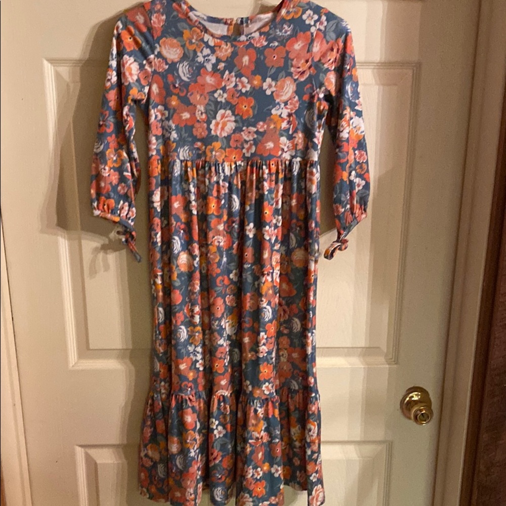 Charming Floral Kids Dress in Blue and Orange